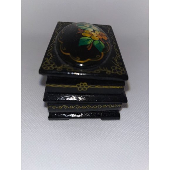 Vintage Miniature 2 Compartment Russian Lacquer Box with Flowers - Picture 4 of 7